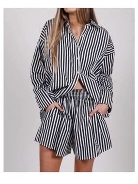 Brunette the Label Set - Black & White Stripe Button-Up Shirt and Boxer Shorts
